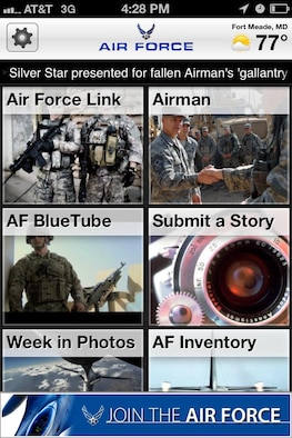 The front page of the AFLINK mobile application. (U.S. Air Force graphic)