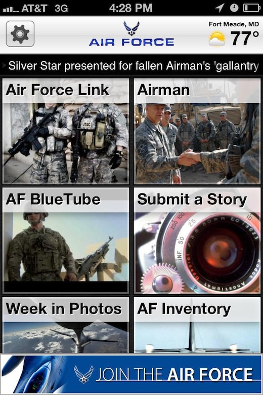 The front page of the AFLINK mobile application. (U.S. Air Force graphic)