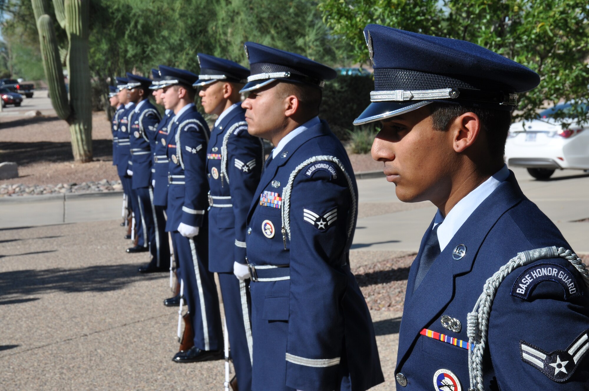 DAVIS-MONTHAN AFB, Ariz. – The Davis-Monthan Honor Guard team prepares an honor cordon for five key leaders from the Brazilian Air Force. The distinguished visitors from Brazil visited Air Forces Southern to discuss bilateral relations and building partnerships, Sept. 15 – 21. (U.S. Air Force photo by Capt. Justin Brockhoff/Released). 