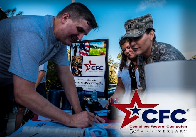 Colonel Al Miller, 437th Airlift Wing vice commander, signs his Combined Federal Campaign form Sept. 14, 2012, while Capt. Jane Callender, Joint Base Chalreston CFC point of contact, looks on, after the Commander’s Challenge Run at JB Charleston – Air Base, S.C. The CFC is one of the largest annual charities held in the country and raises millions of dollars every year for numerous organizations. (U.S. Air Force Illustration/Airman 1st Class Tom Brading)