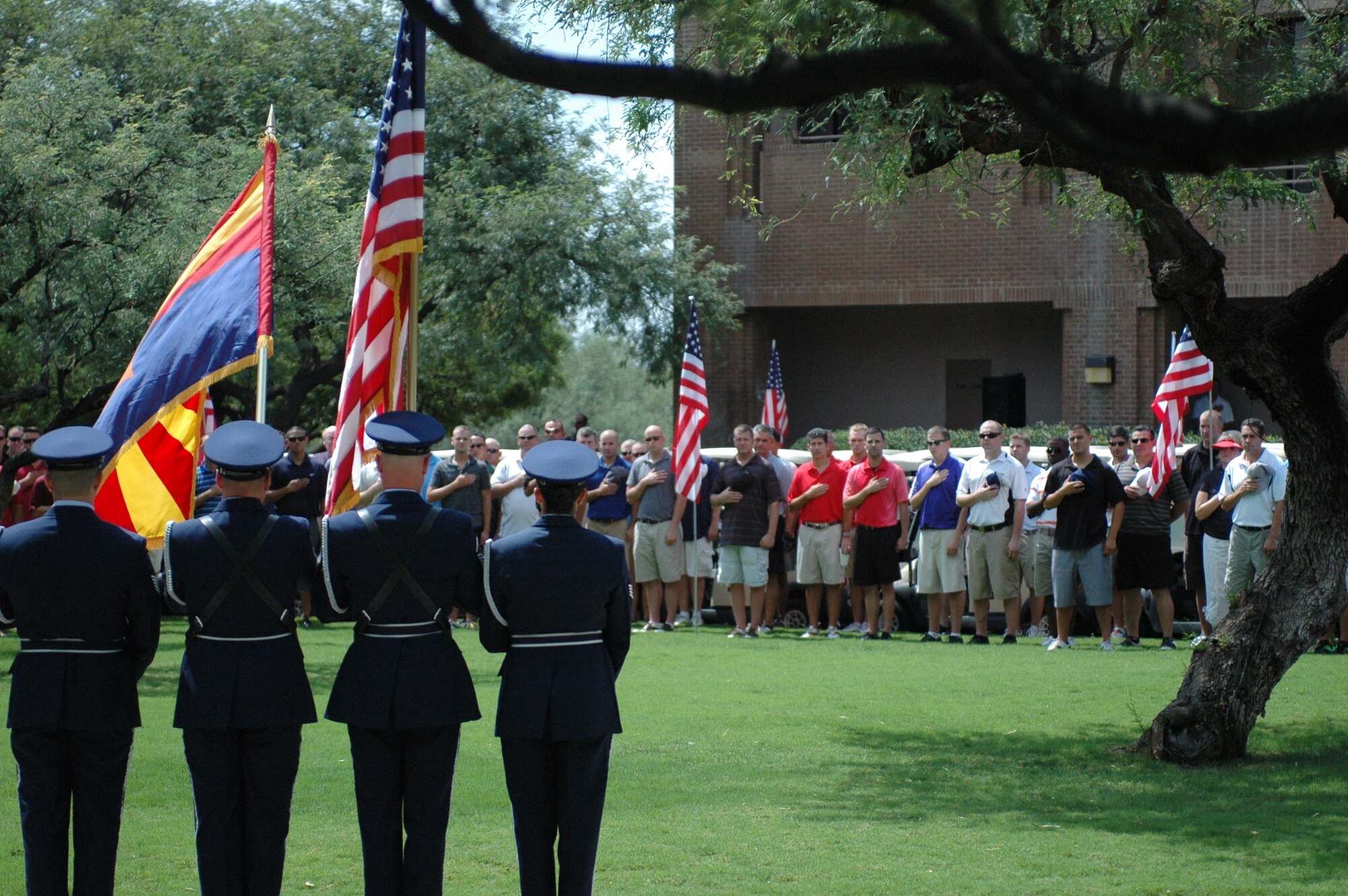 The 162nd Fighter Wing honor guard, based at Tucson International Airport, presents the colors at the third annual Patriot Golf Day opening ceremony at Ventana Canyon Country Club Sept. 10. About 200 servicemembers and civilian guests played a round of golf to raise funds for military charities. (U.S. Air Force photo/Maj. Gabe Johnson) 