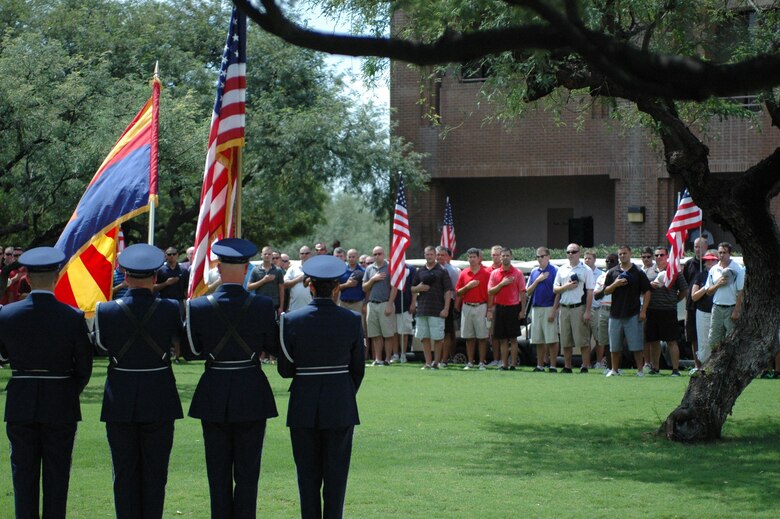 The 162nd Fighter Wing honor guard, based at Tucson International Airport, presents the colors at the third annual Patriot Golf Day opening ceremony at Ventana Canyon Country Club Sept. 10. About 200 servicemembers and civilian guests played a round of golf to raise funds for military charities. (U.S. Air Force photo/Maj. Gabe Johnson) 