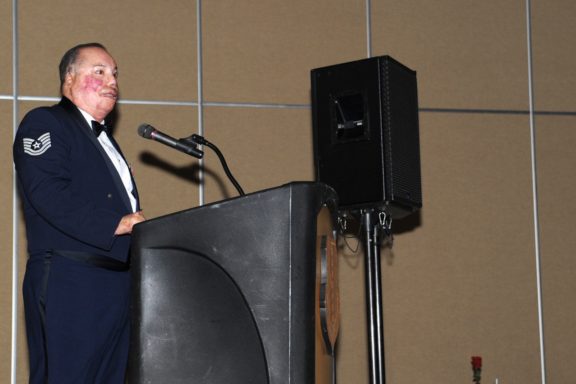 U.S. Air Force Tech. Sgt. Israel Del Toro, 342nd Training Squadron, Lackland Air Force Base, Texas, is the guest speaker during the Goodfellow Air Force Base annual Air Force Ball Sept. 14 at the McNease Convention Center, San Angelo, Texas. Del Toro became the first 100% disabled Airman to re-enlist in the Air Force on Feb. 8, 2010. (U.S. Air Force photo/Staff Sgt. Laura R. McFarlane)