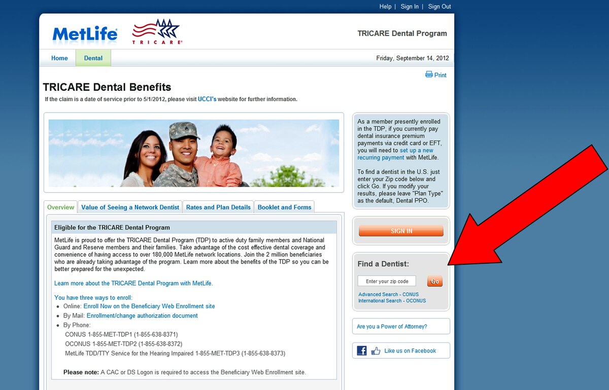 A list of local dentists available in the TRICARE network can be located at https://mybenefits.metlife.com/tricare. The red area points to the area where beneficiaries can enter their zip code to generate the list of dentists. (U.S. Air Force graphic)