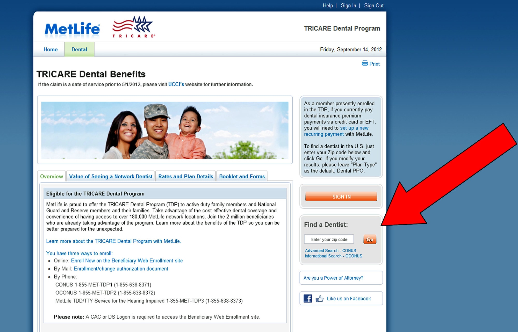 A list of local dentists available in the TRICARE network can be located at https://mybenefits.metlife.com/tricare. The red area points to the area where beneficiaries can enter their zip code to generate the list of dentists. (U.S. Air Force graphic)