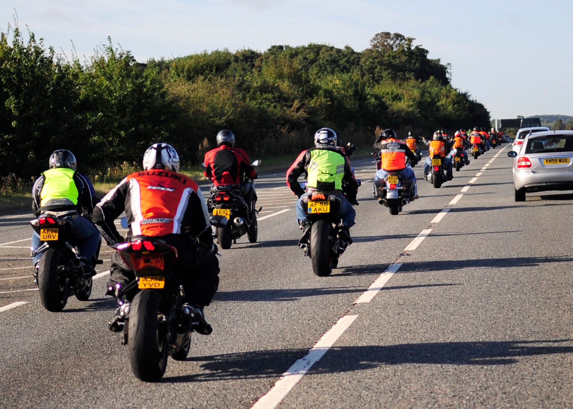 RAF MILDENHALL, England – Participants of the joint RAF Mildenhall and RAF Lakenheath Rolling Thunder motorcycle rally ride from RAF Mildenhall to Madingley American Cemetery in Cambridge Sept. 18, 2012. The riders went to eight locations including Mildenhall, Newmarket, Bury St. Edmunds, Lakenheath, Diss and Mundford to honor those still unaccounted for by placing wreathes at various memorials and cemeteries. (U.S. Air Force photo/Senior Airman Ethan Morgan) 