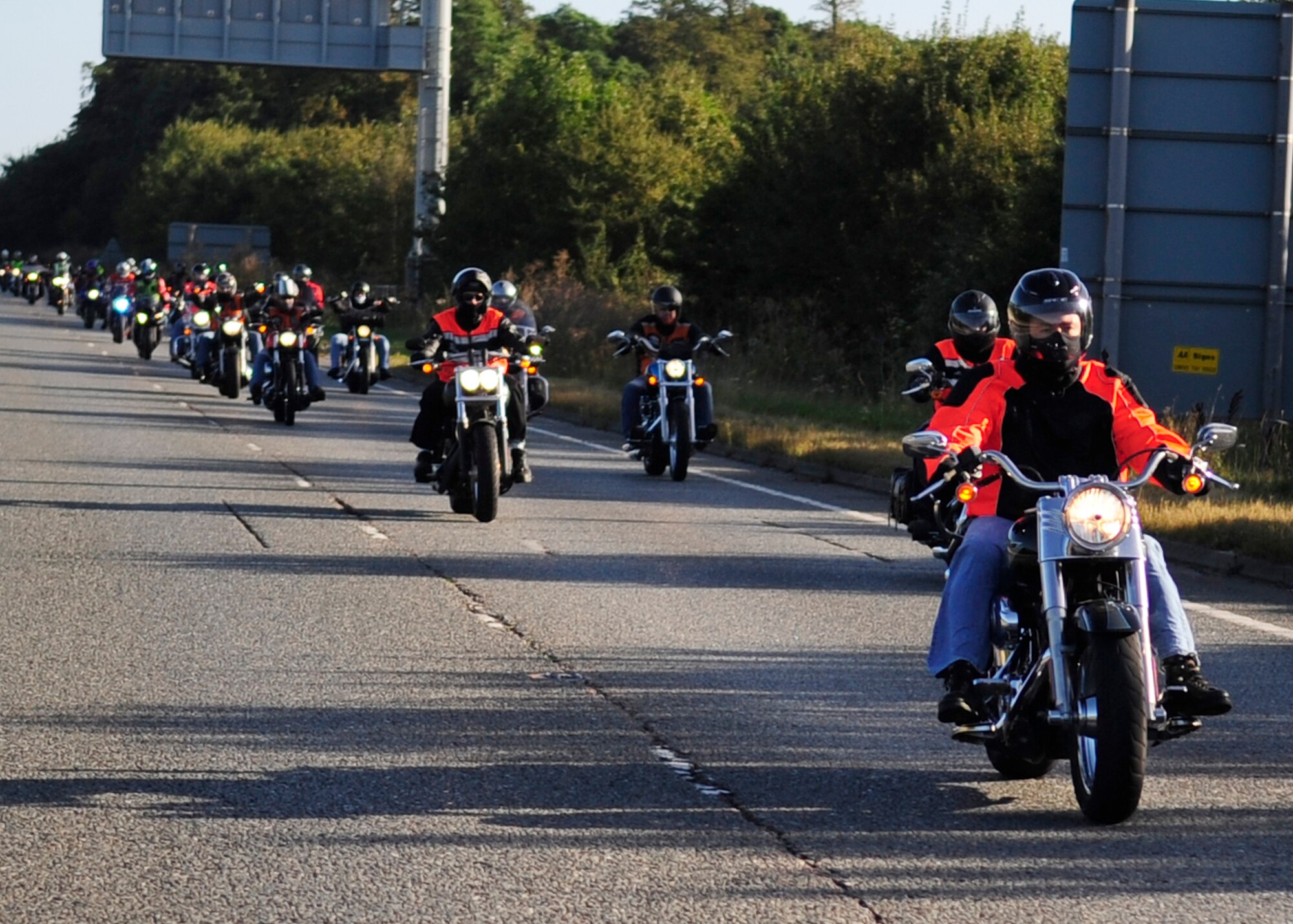 RAF MILDENHALL, England – Participants of the joint RAF Mildenhall and RAF Lakenheath Rolling Thunder motorcycle rally ride from RAF Mildenhall to Madingley American Cemetery in Cambridge Sept. 18, 2012. The riders went to eight locations including Mildenhall, Newmarket, Bury St. Edmunds, Lakenheath, Diss and Mundford to honor those still unaccounted for by placing wreathes at various memorials and cemeteries. (U.S. Air Force photo/Senior Airman Ethan Morgan) 