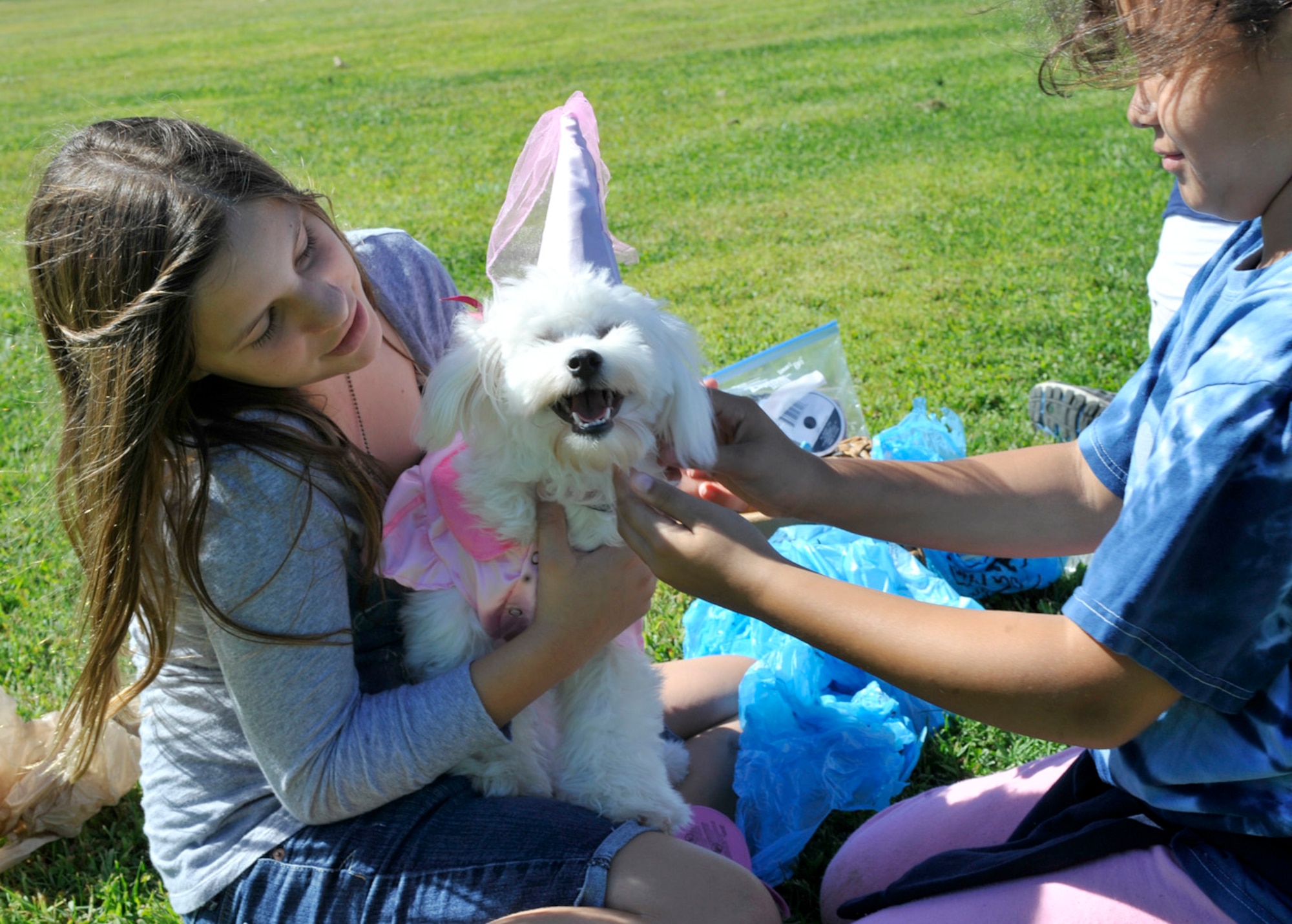 Emma Schmidt, left, holds Lilo while Gracie Stevens helps adjust Lilo’s princess costume Sep. 15, 2012, at the Pet Extravaganza at the Youth Center on Dover Air Force Base, Del. Lilo, owned by Tyler and Miranda Watson, along with her partner, Stitch, won first prize in the costume category. (U.S. Air Force photo by Tech. Sgt. Chuck Walker)