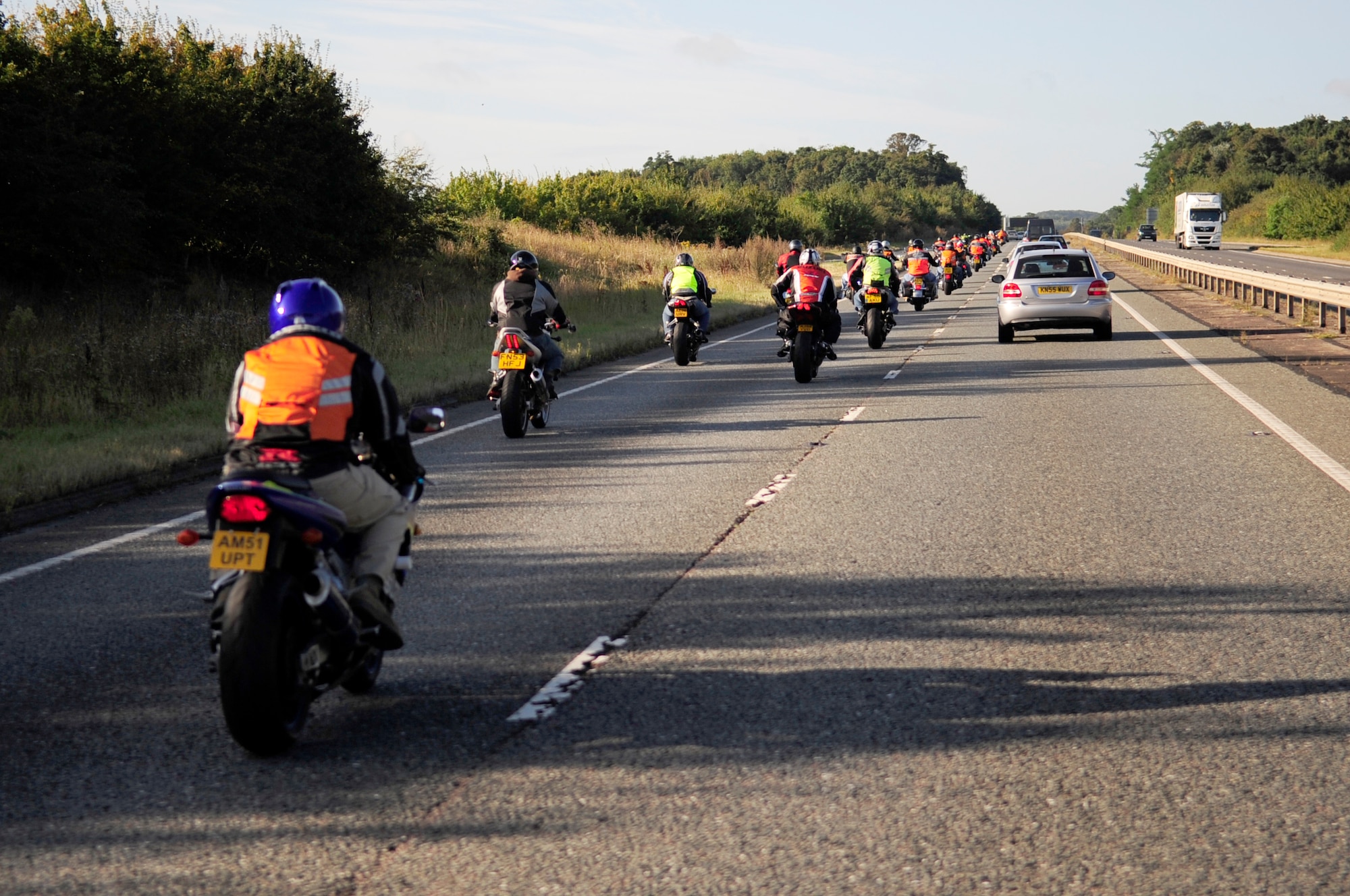 RAF MILDENHALL, England – Participants of the joint RAF Mildenhall and RAF Lakenheath Rolling Thunder motorcycle rally ride from RAF Mildenhall to Madingley American Cemetery in Cambridge Sept. 18, 2012. The riders went to eight locations including Mildenhall, Newmarket, Bury St. Edmunds, Lakenheath, Diss and Mundford to honor those still unaccounted for by placing wreathes at various memorials and cemeteries. (U.S. Air Force photo/Senior Airman Ethan Morgan) 