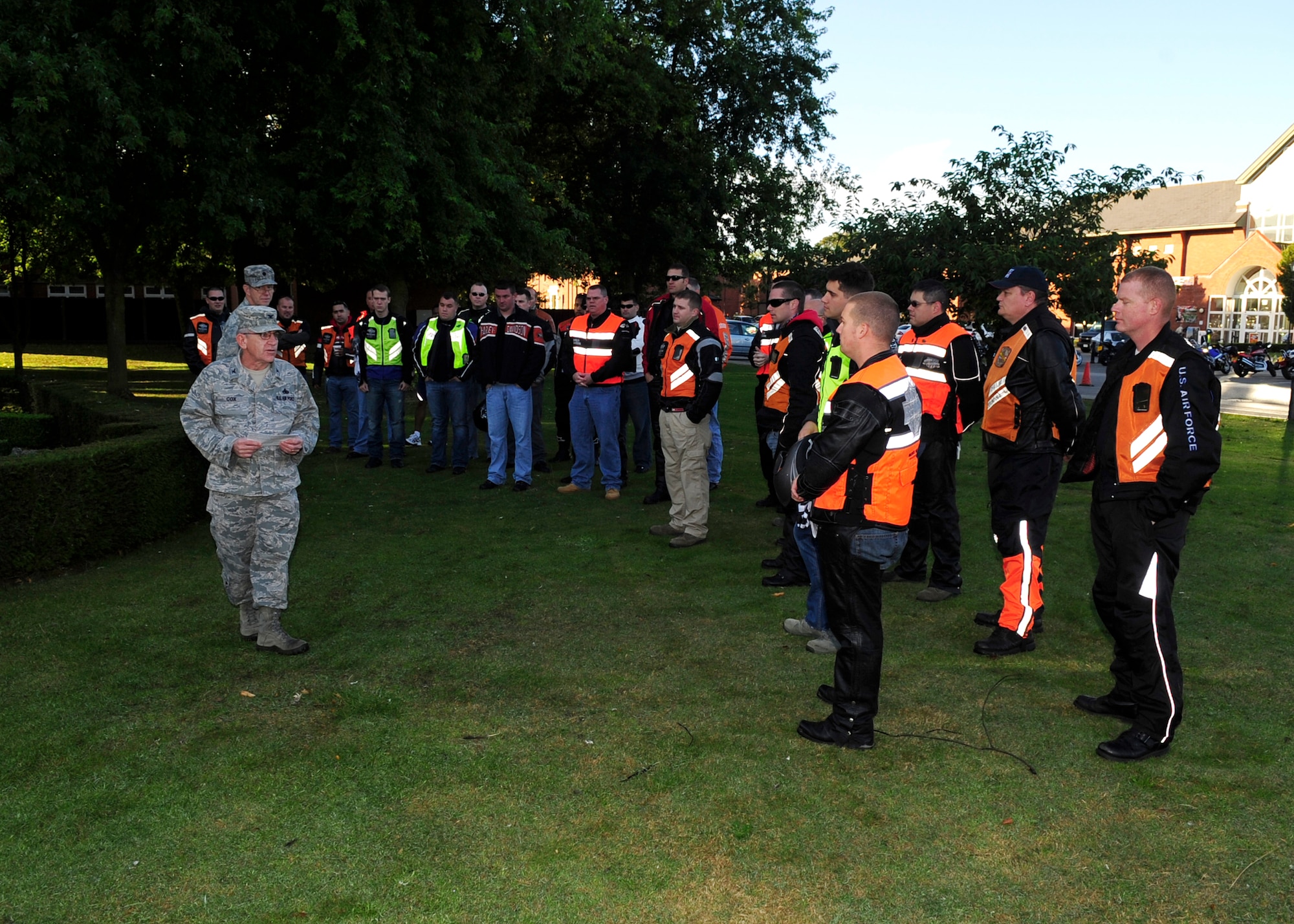 RAF MILDENHALL, England – Col. Matthew Cox, 48th Maintenance Group commander, RAF Lakenheath, addresses participants of the joint RAF Mildenhall and RAF Lakenheath Rolling Thunder motorcycle rally Sept. 18, 2012, prior to their departure from the Prisoner of War/Missing in Action memorial at RAF Mildenhall, England. The riders went to eight locations, including Madingley American Cemetery and memorials at Mildenhall, Newmarket, Bury St. Edmunds, Lakenheath, Diss and Mundford with the intent of honoring those still unaccounted for by placing wreathes at various memorials and cemeteries. (U.S. Air Force photo/Senior Airman Ethan Morgan) 