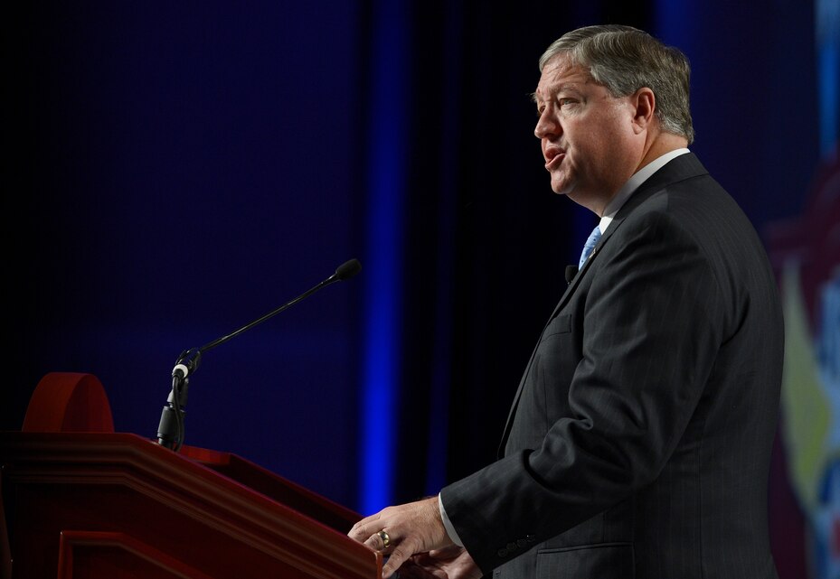 Secretary of the Air Force Michael Donley discusses the service's budget strategy during his address at the Air Force Association's Air and Space Conference and Technology Exposition in Washington, D.C., Sept. 17, 2012. During his keynote remarks at the conferenc, Donley discussed the threat of sequestration and its effect on crafting the service’s budget. (U.S. Air Force photo/Scott M. Ash)