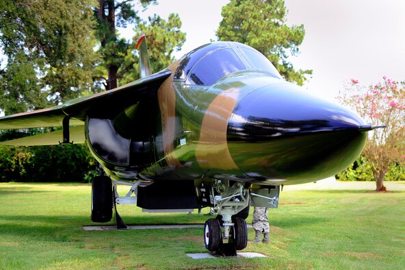 The F-111E Aardvark is displayed in the Shaw Air Force Base Air Park after a dedication ceremony for the men and women of the 20th Fighter Wing who flew and maintained the aircraft, Sept. 12, 2012, Shaw Air Force Base, S.C. The F-111E is a significant part of the 20th Fighter Wing’s history as it was first flown as a part of the wings arsenal in 1970. Aircraft 68-0035 and 680045 landed at Royal Air Force Upper Heyford 42 years ago, starting a new era for the wing. (U.S. Air Force photo by Senior Airman Kenny Holston/Released) 
