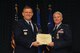 Assistant Vice Chief of Staff of the Air Force Lt. Gen. Frank Gorenc presents the Distinguished Service Medal to Maj. Gen. David J. Eichhorn, departing Air Force Operational Test and Evaluation Center commander during the Sept. 13 change of command ceremony. (U.S. Air Force photo/Ken C. Moore)