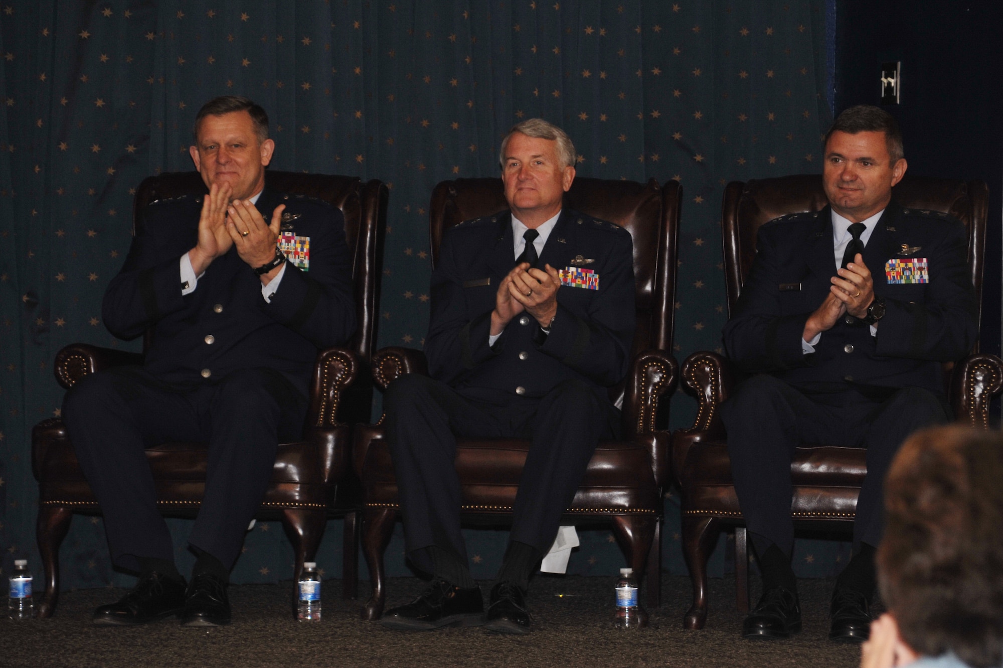 From the left: Assistant Vice Chief of Staff of the Air Force Lt. Gen. Frank Gorenc, departing Air Force Operational Test and Evaluation Center Commander Maj. Gen. David J. Eichhorn, and the incoming AFOTEC Commander Maj. Gen. Scott D. West welcome guests to the Sept. 13 change of command. (U.S. Air Force photo/Ken C. Moore)
