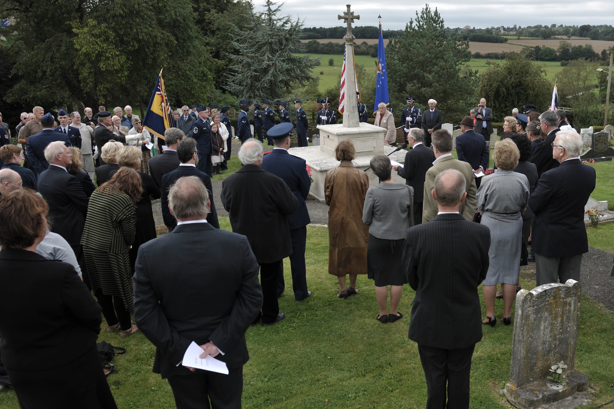 UPPER HEYFORD, United Kingdom – The village of Upper Heyford, United Kingdom, held an Act of Commemoration for Capt. Jerry Lindh, 55th Fighter Squadron F-111E pilot, and Maj. David “Mike” McGuire, 55th FS F-111E navigator, who died Sept. 17, 1992, when they decided to fly their crippled F-111E away from the villages of Upper Heyford and North Aston instead of ejecting. (U.S. Air Force photo by Master Sgt. John Barton)