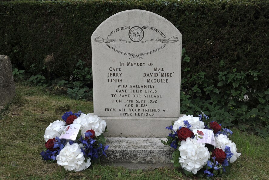 UPPER HEYFORD, United Kingdom – The village of Upper Heyford, United Kingdom, held an Act of Commemoration for Capt. Jerry Lindh, 55th Fighter Squadron F-111E pilot, and Maj. David “Mike” McGuire, 55th FS F-111E navigator, who died Sept. 17, 1992, when they decided to fly their crippled F-111E away from the villages of Upper Heyford and North Aston instead of ejecting. (U.S. Air Force photo by Master Sgt. John Barton)