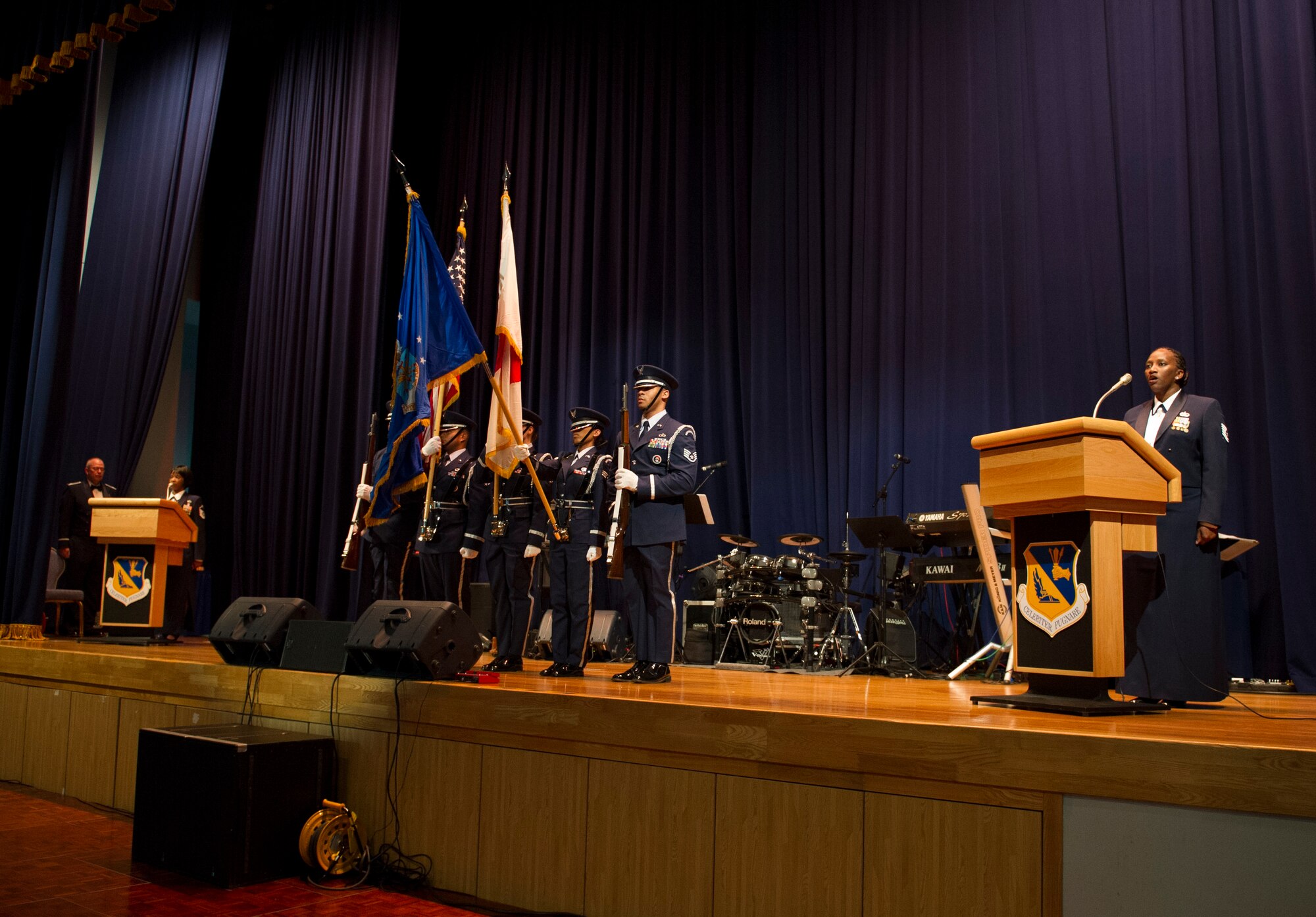 YOKOTA AIR BASE, Japan -- The Yokota Base Honor Guard presents the colors for the opening ceremony during the Air Force ball at Yokota Air Base, Japan, Sept. 15, 2012. More than 1,000 people attended the ball, celebrating 65 years of Air Force history. (U.S. Air Force photo by Senior Airman Andrea Salazar)