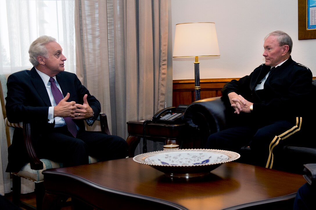 U.S. Ambassador to Turkey Francis J. Ricciardone Jr. meets with U.S. Army Gen. Martin E. Dempsey, chairman of the Joint Chiefs of Staff, at the American Embassy in Ankara, Turkey, Sept. 17, 2012. 