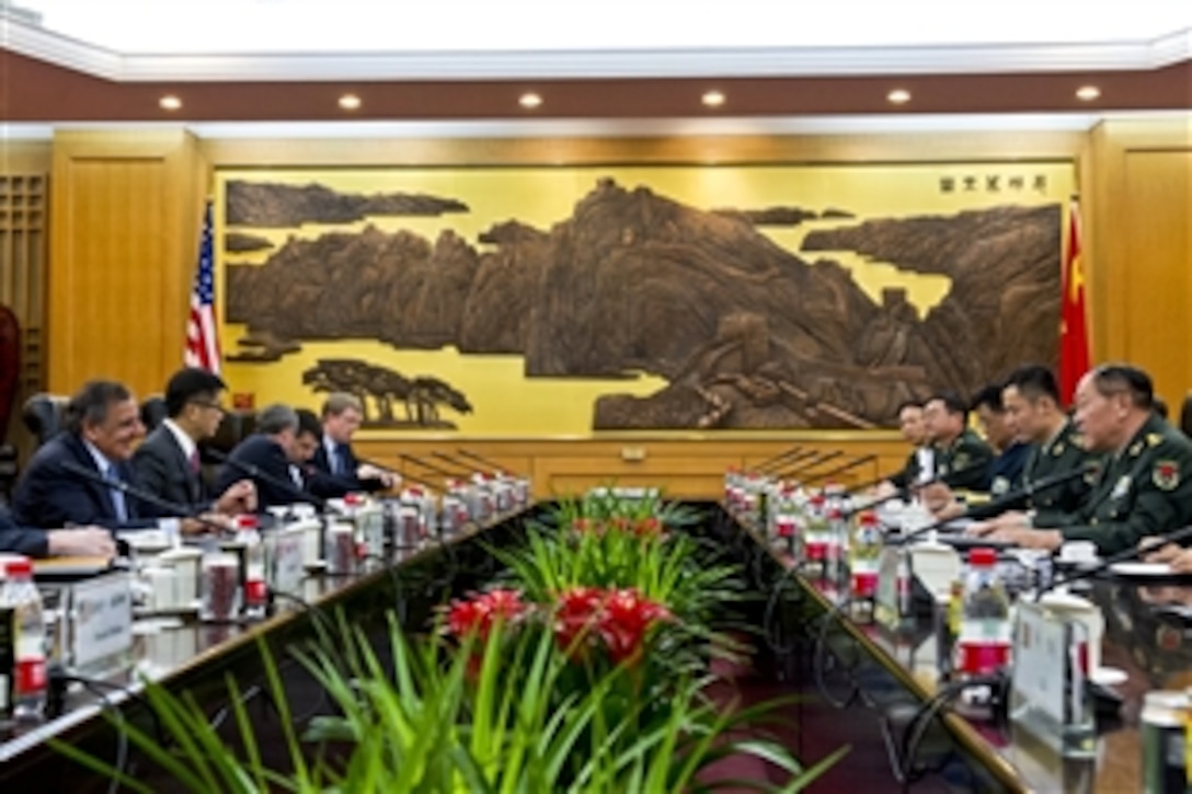 U.S. Defense Secretary Leon E. Panetta and Chinese Defense Minister Gen. Liang Guanglie meet in Beijing, Sept. 18, 2012. Panetta visited Tokyo before Beijing, and will travel to Auckland, New Zealand, during a weeklong trip to the Asia-Pacific region.