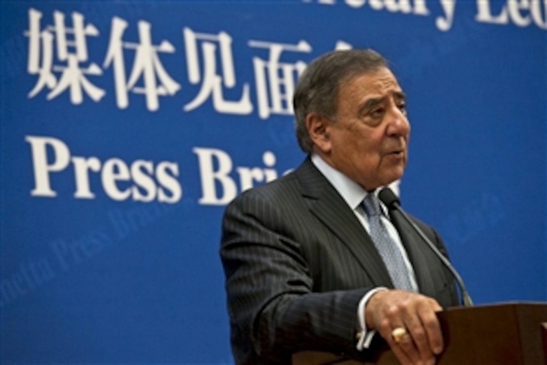 U.S. Defense Secretary Leon E. Panetta and Chinese Defense Minister Gen. Liang Guanglie hold a press conference in Beijing, Sept. 18, 2012. Panetta visited Tokyo before Beijing, and will travel to Auckland, New Zealand, during a weeklong trip to the Asia-Pacific region.