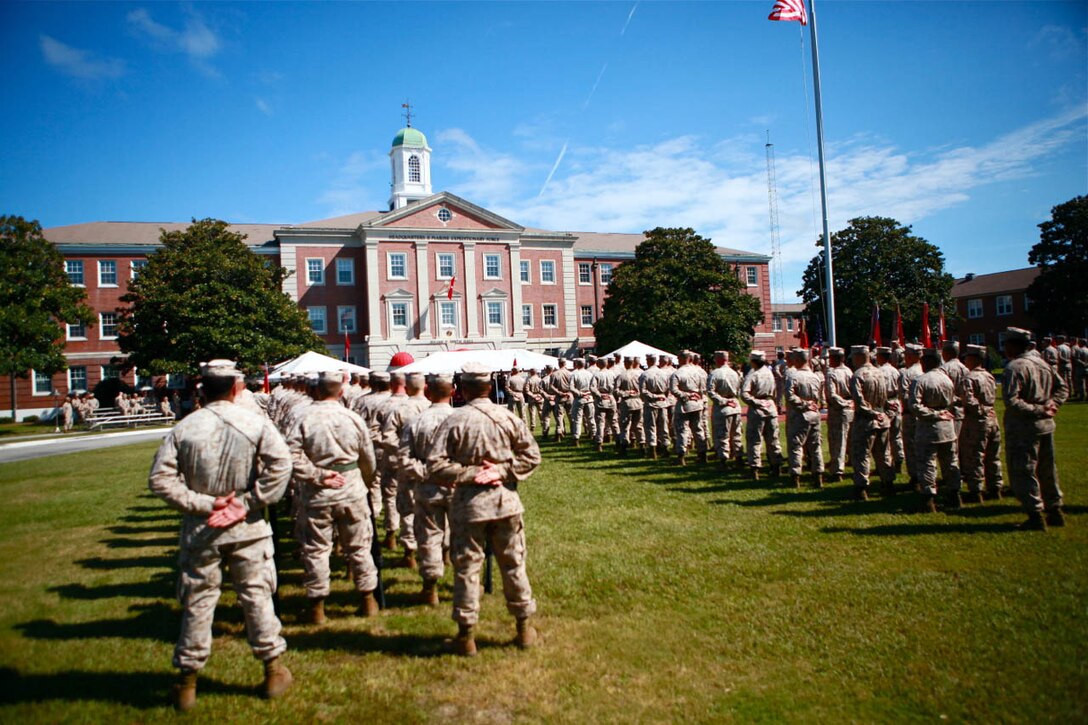 Marines and Sailors gather aboard Marine Corps Base Camp Lejeune, for 2nd Marine Expeditionary Brigade's Presidential Unit Citation Award Ceremony, Sept. 14. Marines and Sailors of 2nd MEB were awarded for their outstanding performance in action against enemy forces from May 29, 2009 to April 12, 2010 in Afghanistan.