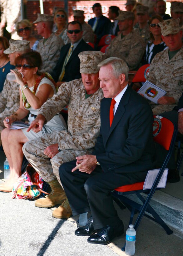 Secretary of the Navy, Ray Mabus and Maj. Gen. Raymond C. Fox, commanding general, II Marine Expeditionary Force, attend the Presidential Unit Citation Award Ceremony of 2nd Marine Expeditionary Brigade. Marines and Sailors of 2nd MEB were awarded for their outstanding performance in action against enemy forces from May 29, 2009 to April 12, 2010 in Afghanistan by Mabus.
