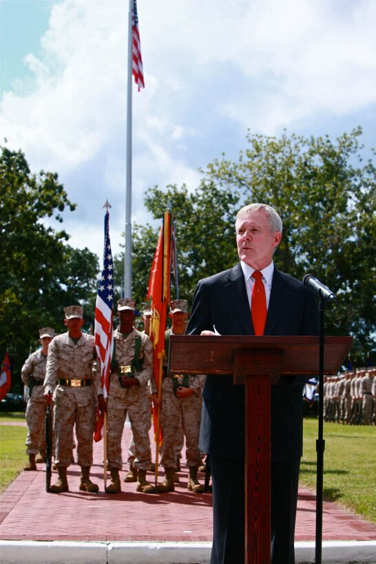 Secretary of the Navy, Ray Mabus addresses the Marines, Sailors and guests in attendance at 2nd Marine Expeditionary Brigade's Presidential Unit Citation Award Ceremony, Sept. 14, aboard Marine Corps Base Camp Lejeune. Marines and Sailors of 2nd MEB were awarded for their outstanding performance in action against enemy forces from May 29, 2009 to April 12, 2010 in Afghanistan by Mabus.