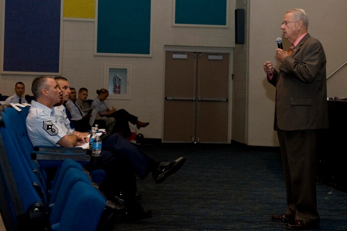 Retired Chief Master Sgt. John McCauslin, Air Force Sergeants Association chief executive officer, speaks to noncommissioned officers from Nellis Air Force Base, Creech Air Force Base and the Nevada Test and Training Range in the base theater Sept. 17, 2012 at Nellis Air Force Base, Nev. The AFSA represents the professional and personal interests of active duty, retired and their families by petitioning for active-duty and retiree entire entitlements to U.S. Congress. (U.S. Air Force photo by Senior Airman Daniel Hughes)
