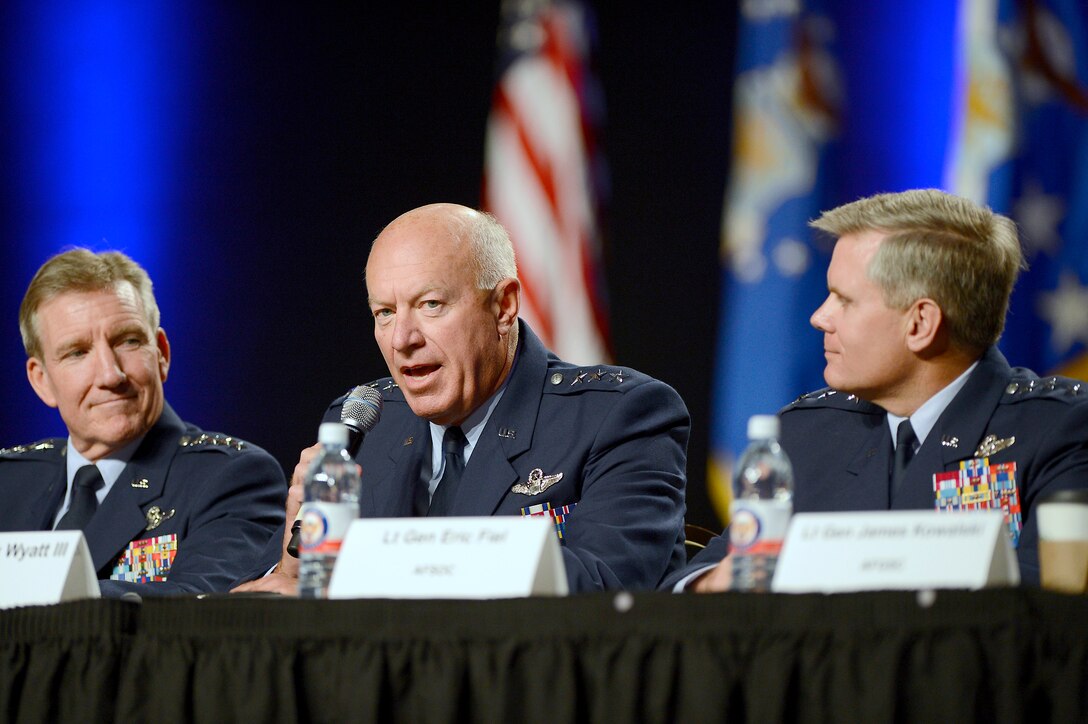 Lt. Gen. Harry Wyatt III, director of the Air National Guard, takes questions during a 12-member senior leader panel at the Air Force Association's Air and Space Conference and Technology Exposition in Washington, D.C., Sept. 19, 2012.  (U.S. Air Force photo/Scott M. Ash)