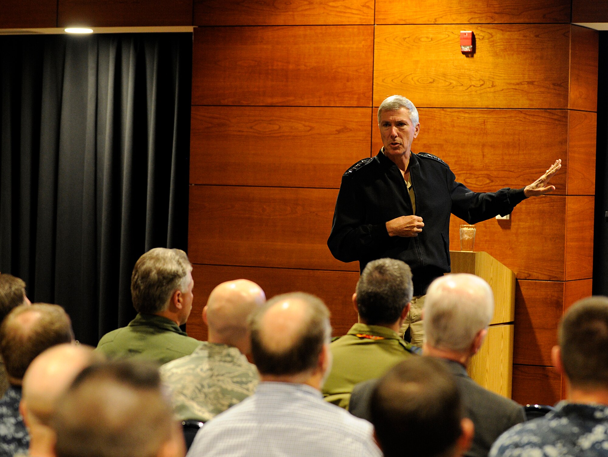 Adm. Samuel J. Locklear III, United States Pacific Command commander, addresses members of Alaska Command during an all-call at the Arctic Warrior Events Center on Joint Base Elmendorf-Richardson, Sept. 18, 2012. This is Locklear's first visit to JBER as the PACOM commander. (U.S. Air Force photo/Staff Sgt. Zachary Wolf)