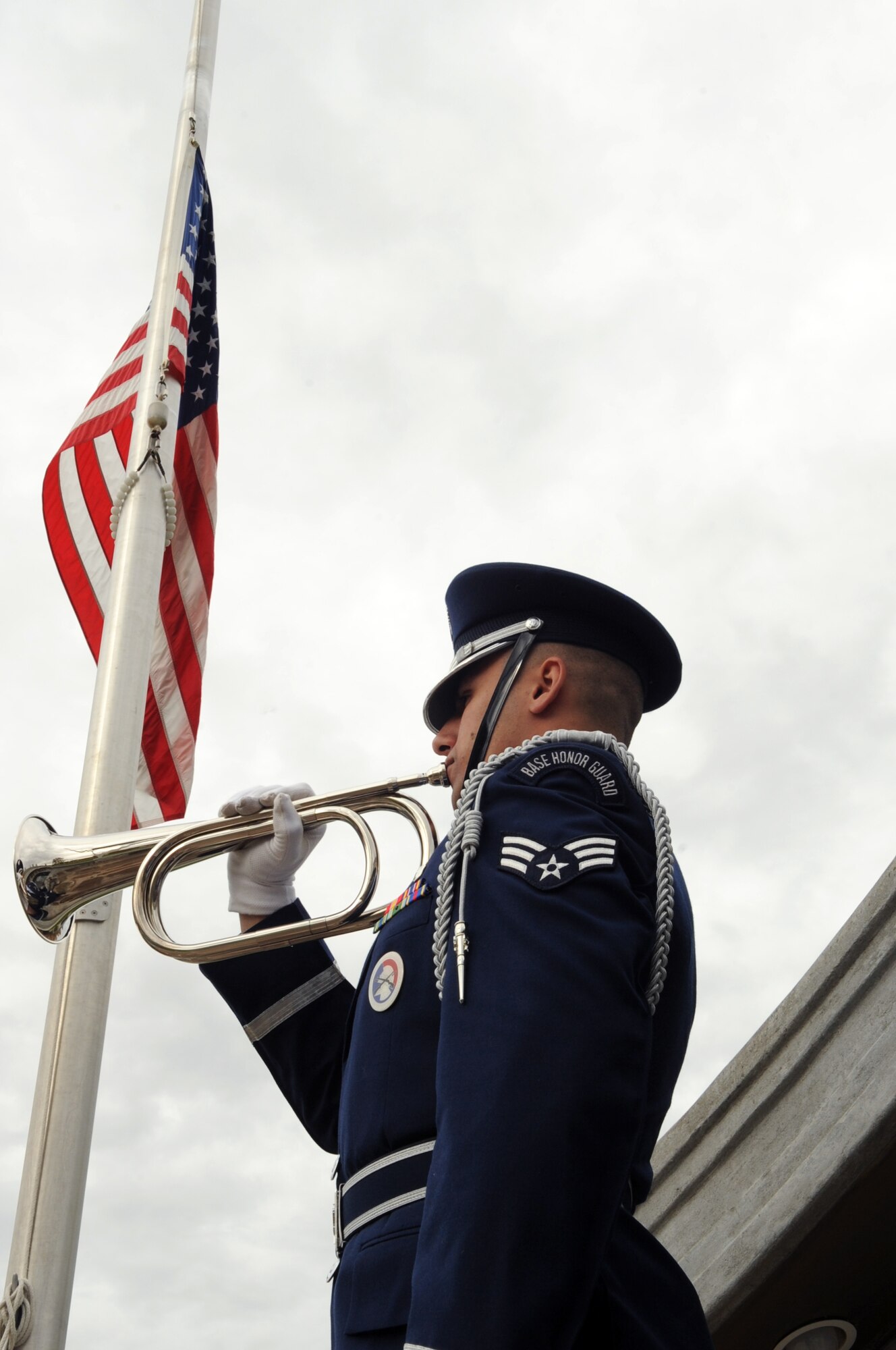 U.S. Air Force Senior Airman Sebastian Morales, Eielson Air Force Base honor guard member, plays Taps during a POW/MIA retreat ceremony Sept. 14, 2012, Eielson AFB, Alaska. Taps is generally played as the last call of the day and also sounded at the completion of military funeral ceremonies. (U.S. Air Force photo/Airman 1st Class Lauren-Taylor Garcia)