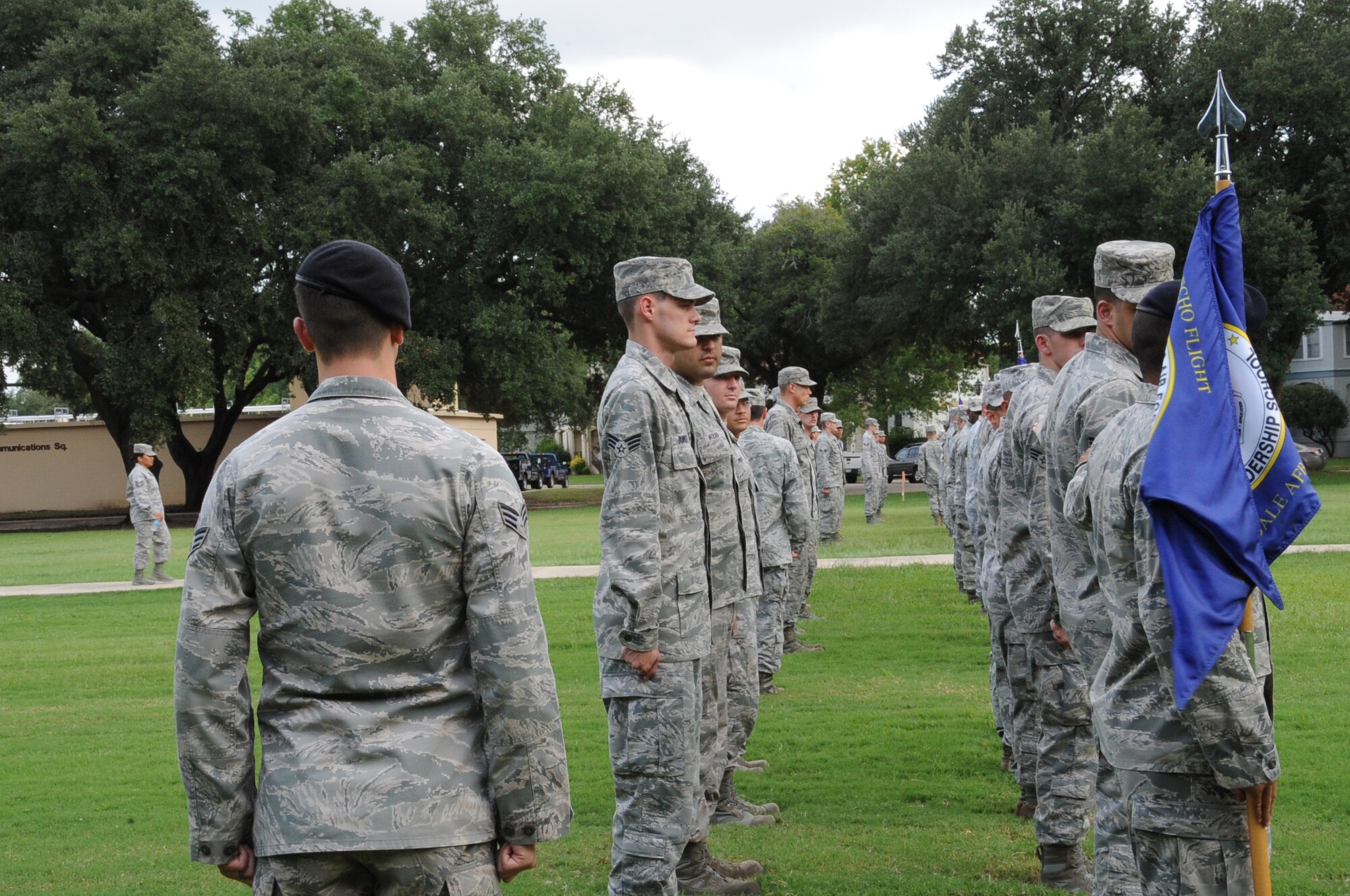 Airmen from Airman Leadership School class 12-6 get in formation before the playing of retreat on Barksdale Air Force Base, La., Sept. 18. The ALS Airmen performed retreat in honor of the Air Force's 65th birthday. This was the first time an ALS class performed retreat for the 2nd Bomb Wing. (U.S. Air Forces photo/Airman 1st Class Benjamin Gonsier)(RELEASED) 
