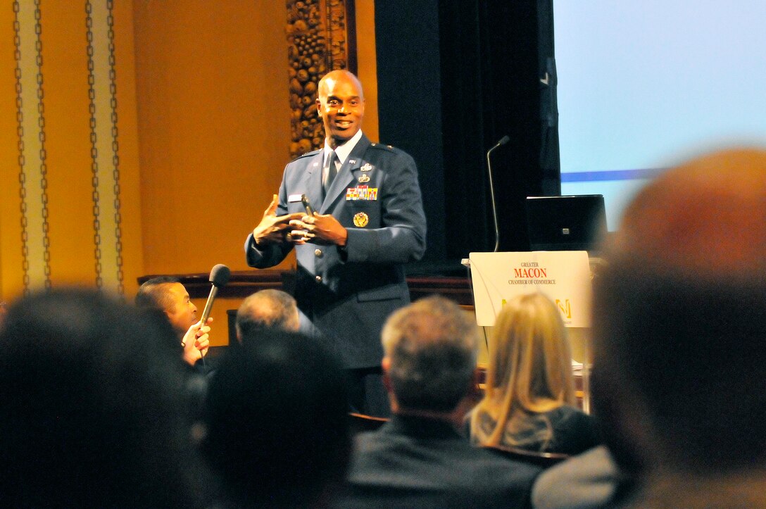 Brig. Gen. Cedric George, Warner Robins Air Logistics Complex commander, gives an update on Robins at the Greater Macon Chamber of Commerce "Good Morning Macon" program, Wed. Col. Mitch Butikofer, 78th Air Base Wing commander, and Col. Joseph Scherrer, 689th Combat Communications Wing commander, also gave briefings. (U. S. Air Force photo/Sue Sapp)