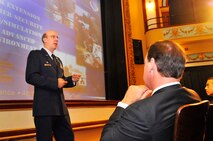 Col. Joseph Scherrer, 689th Combat Communications Wing commander, speaks Wednesday at the Greater Macon Chamber of Commerce "Good Morning Macon" program. (U. S. Air Force photo/Sue Sapp)