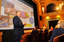 Col. Mitch Butikofer, 78th Air Base Wing commander, gives an overview of Robins Air Force Base Wednesday at the Greater Macon Chamber of Commerce "Good Morning Macon" program. Brig. Gen. Cedric George, Warner Robins Air Logistics Complex commander, and Col. Joseph Scherrer, 689th Combat Communications Wing commander, were also guest speakers , (U. S. Air Force photo/Sue Sapp)