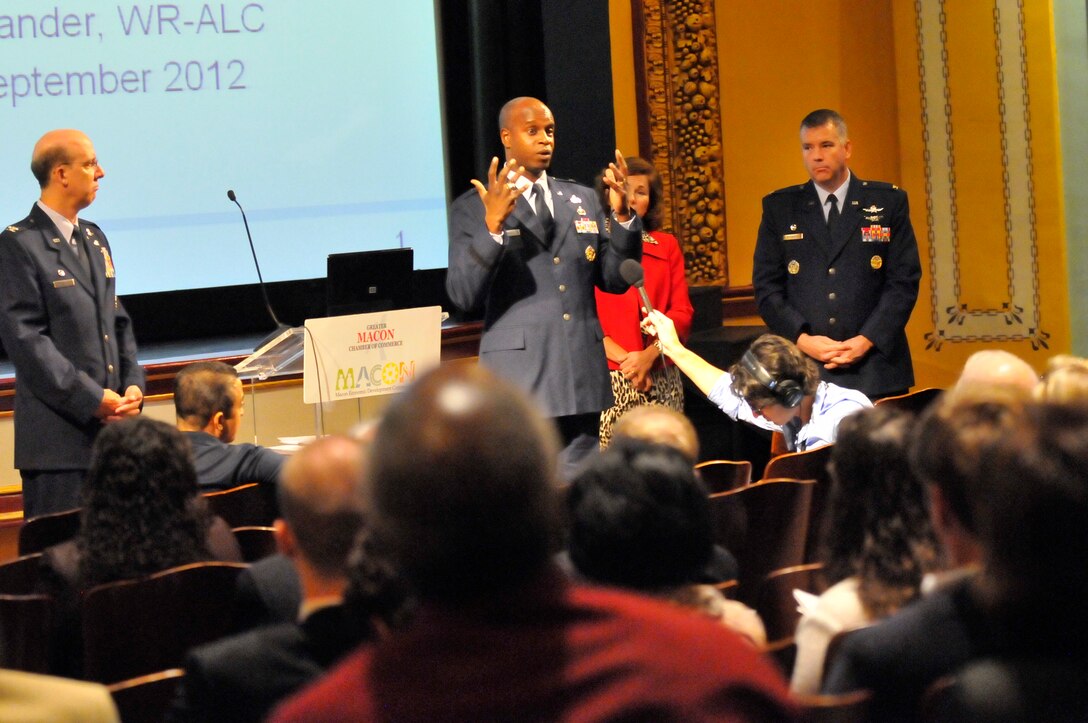 L-R, Col. Joseph Scherrer, 689th Combat Communications Wing commander, Brig. Gen. Cedric George, Warner Robins Air Logistics Complex commander, and  Col. Mitch Butikofer, 78th Air Base Wing commander answer questions from the audience Wednesday at the Greater Macon Chamber of Commerce "Good Morning Macon" program. (U. S. Air Force photo/Sue Sapp)