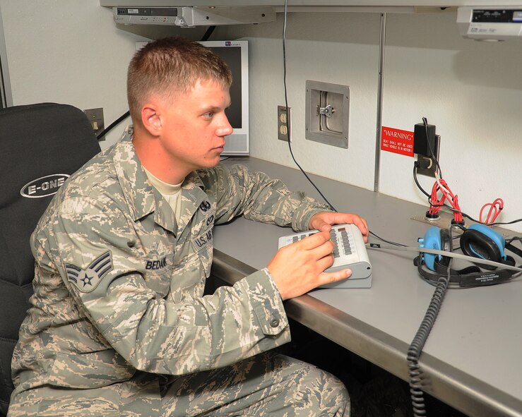 Senior Airman Tim Habedank, 2nd Civil Engineer Squadron Explosive Ordnance Disposal journeyman, uses a gyro camera on Barksdale Air Force Base, La., Sept. 18. The camera is used to observe a scene from a long range which provides more adequate cover for the unit. (U.S. Air Force photo/ Senior Airman Sean Martin) (RELEASED)