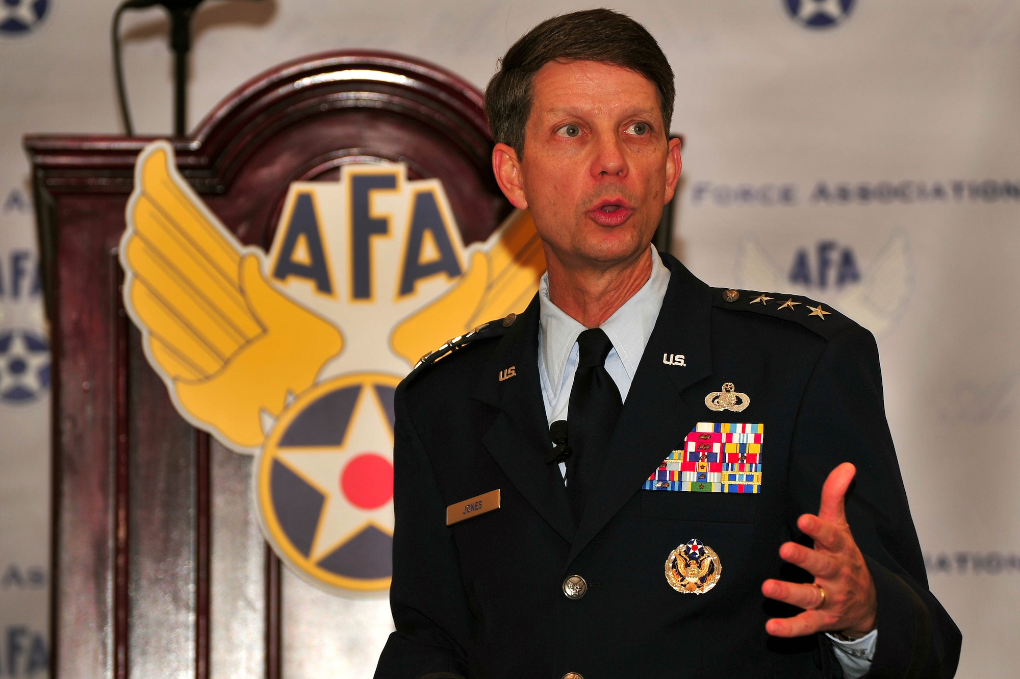 Lt. Gen. Darrell Jones, deputy chief of staff for manpower, personnel and services, speaks about services that Airmen still find important in everyday life during the 2012 Air Force Association Conference, Sept. 17, in Washington, D.C. Jones noted "all things people" as a topic during his discussion with Airmen and AFA members. (U.S. Air Force photo by Senior Airman Steele C. G. Britton)
 
