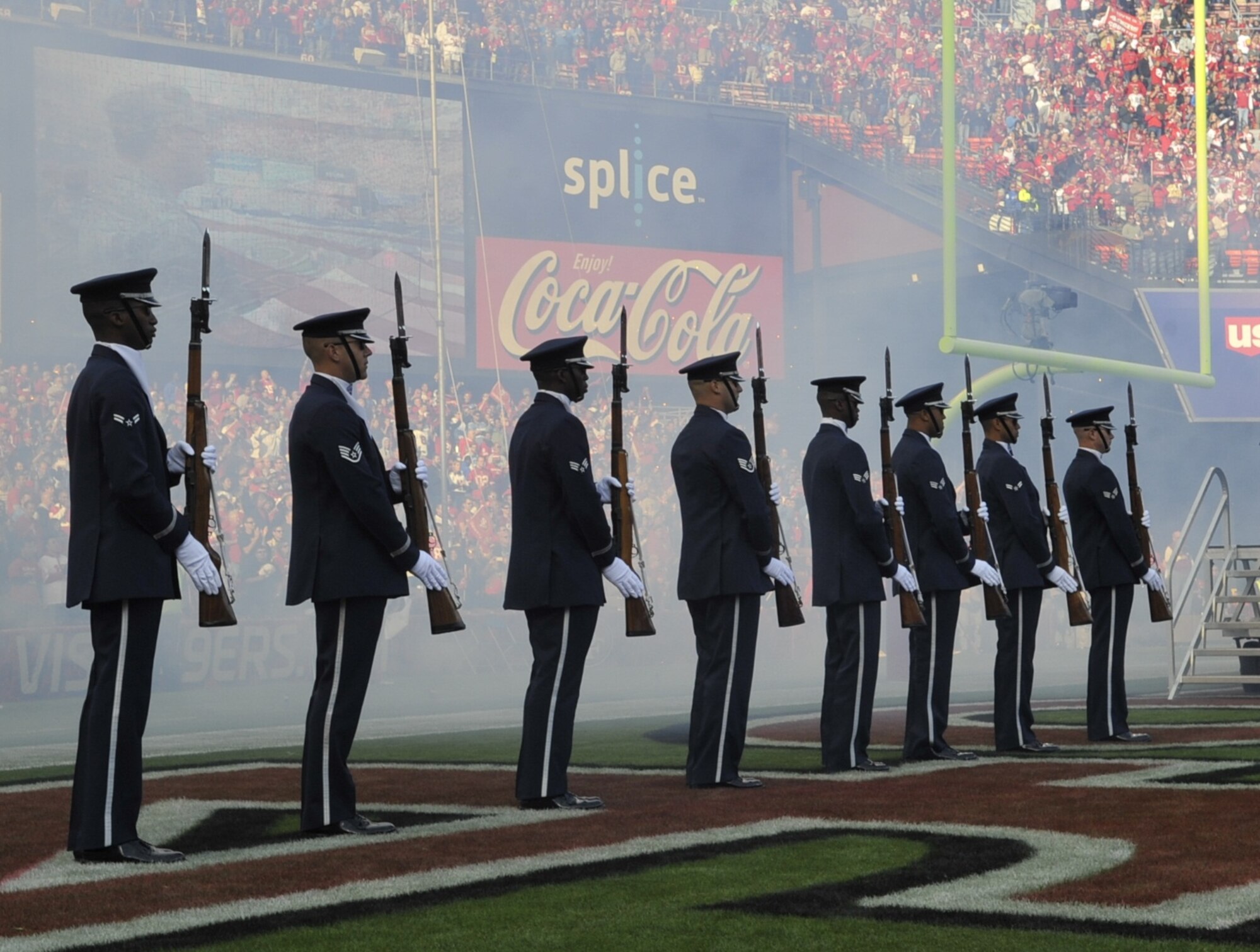 U.S. Air Force Honor Guard Drill Team members stand at attention prior to the National Anthem at the Detroit Lions vs. San Francisco 49ers NFL football game at Candlestick Park in San Francisco, Calif., Sept. 16, 2012.  The Drill Team performed in front of more than 500 people during a pre-game drill and stood on the field in front of a sold-out crowd.  (U.S. Air Force photo by Senior Master Sgt. Adam M. Stump)