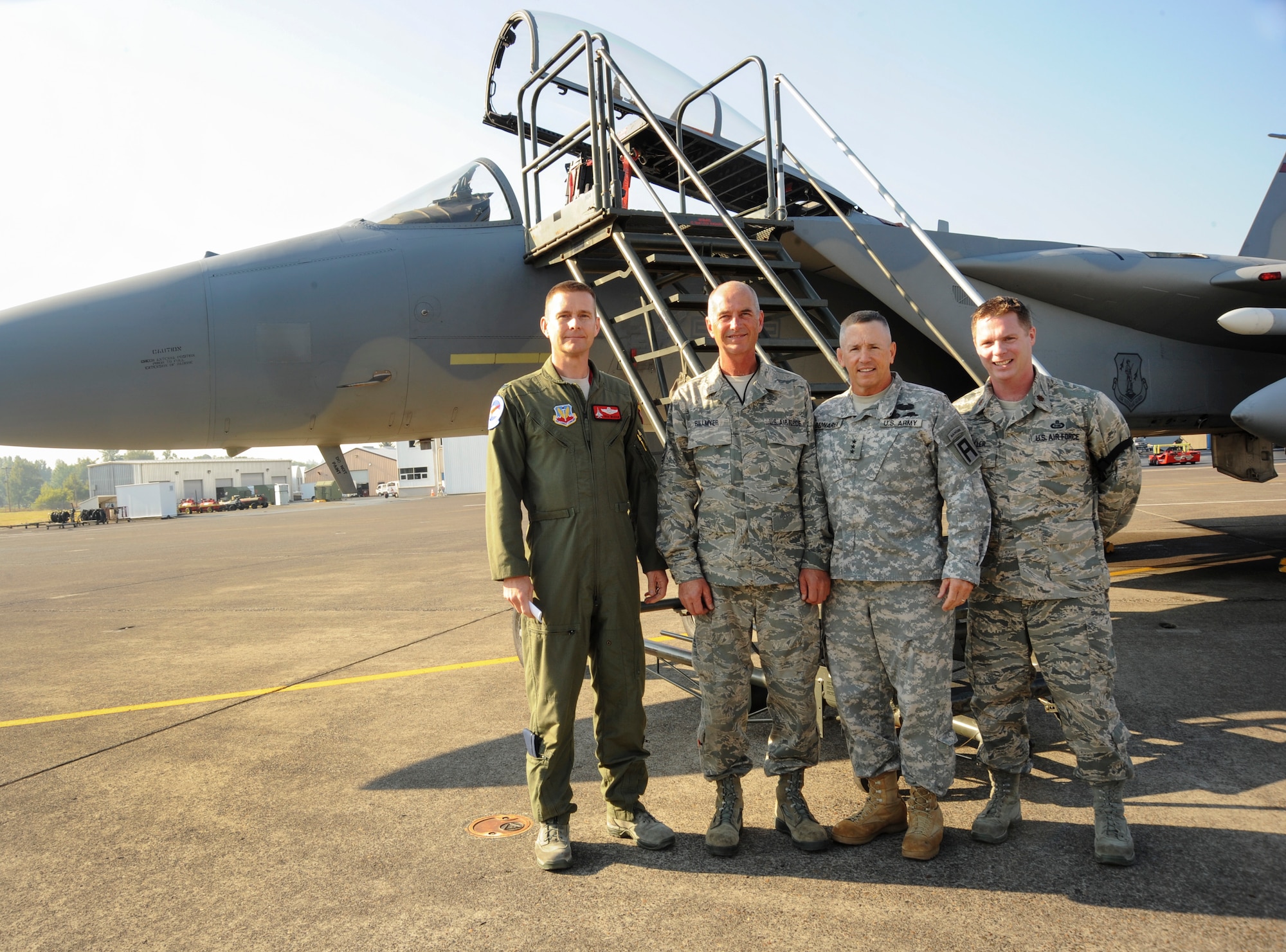 U.S. Army Lt. Gen. Mick Bednarek, Commanding General First U.S. Army, stands with members of the 142nd Fighter Wing and one of the unit’s F-15C Eagles, during his visit to the Portland Air National Guard Base, Portland, Ore., Sept. 14, 2012.  Image pictured (from left to right) Oregon Air National Guard Col. Rick Wedan, Vice Commander 142nd Fighter Wing, Master Sgt. Mark Billmyer, Crew Chief, Lt. Gen. Bednarek, and Maj. Brian Kroller, Intelligence Officer for the 142nd Fighter Wing. (U.S. Air Force photograph by Tech. Sgt. John Hughel, 142nd Fighter Wing Public Affairs Department) (Released)