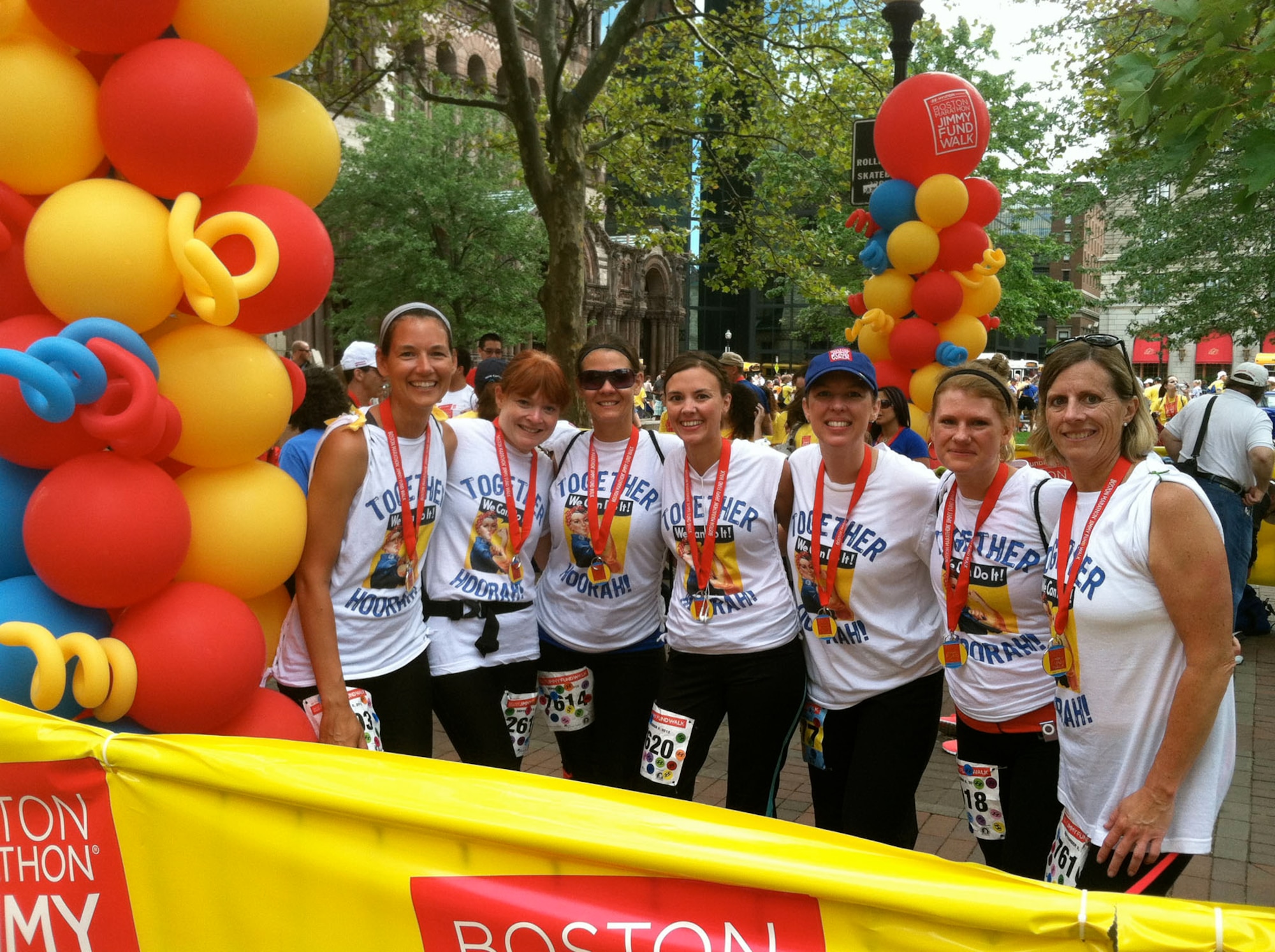 BOSTON — (from left to right) Heather Potter, Samantha McMenamy, Rebecca Alonso, Heather Julseth, Michele Gish, Michal Holl and Barb Hiltz, all members of The Real Housewives of Hanscom, gather together after walking 26.2 miles at the Jimmy Fund Walk in Boston Sep. 9. More than 7,500 walkers participated in the event that supports the fight against cancer in children and adults at Boston’s Dana-Farber Cancer Institute. (Courtesy photo)