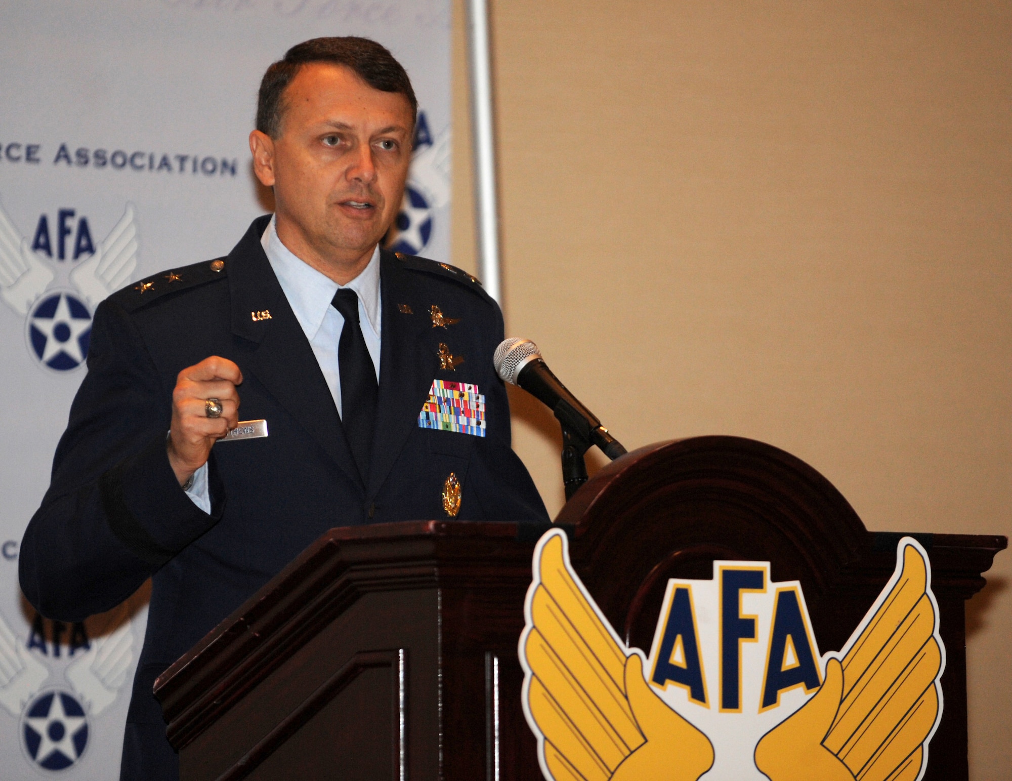 Maj. Gen. Earl D. Matthews spoke to attendees at the Air Force Association's annual Air and Space Conference and Technology Exposition in Washington, D.C., Sept. 18, 2012. Mathews discussed the Air Force's cyber capabilities and their importance in the joint fight. Matthews is the director of Cyberspace Operations for the Office of Information Dominance and the chief information officer with the Office of the Secretary of the Air Force. (U.S. Air Force photo/Senior Airman Christina Brownlow)