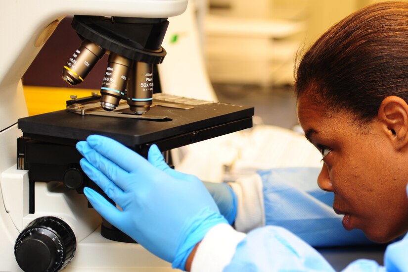 Tanyanikka Pugh, 628th Medical Group chief technologist, counts cellular elements on a microscope Sept. 11, 2012, at the 628th MDG laboratory at Joint Base Charleston - Air Base, S.C. The 628th MDG Laboratory conducts all clinical laboratory procedures required in support of the 628th MDG’s mission. (U.S. Air Force photo/ Airman 1st Class Chacarra Walker)