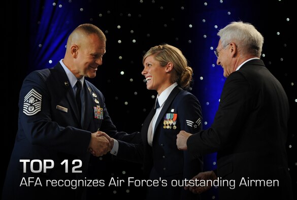 Senior Airman Bryenna Brooks is congratulated by Chief Master Sgt. of the Air Force James A. Roy during the 12 Outstanding Airmen of the Year banquet at the 2012 Air Force Association’s Air and Space Conference and Technology Exposition in Washington, D.C., Sept. 17, 2012. The recipients were recognized for superior leadership, job performance, community involvement and personal achievements. Brooks is with the 2nd Medical Operation Squadron at Barksdale Air Force Base, La. (U.S. Air Force photo/Airman 1st Class Aaron Stout)