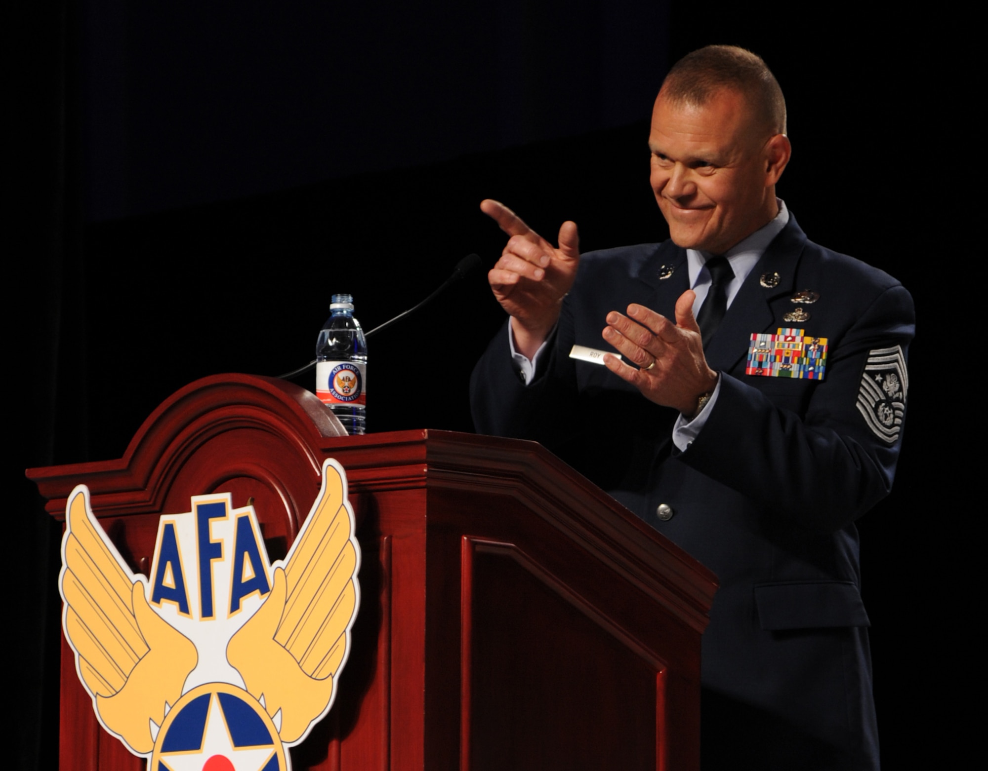 Chief Master Sgt. of the Air Force James A. Roy speaks during a banquet for the 12 Outstanding Airmen of the Year at the 2012 Air Force Association’s Air and Space Conference and Technology Exposition in Washington, D.C., Sept. 17, 2012. Roy represents the highest enlisted level of leadership and, as such, provides direction for the enlisted force and represents their interests. (U.S. Air Force photo/Airman 1st Class Aaron Stout)