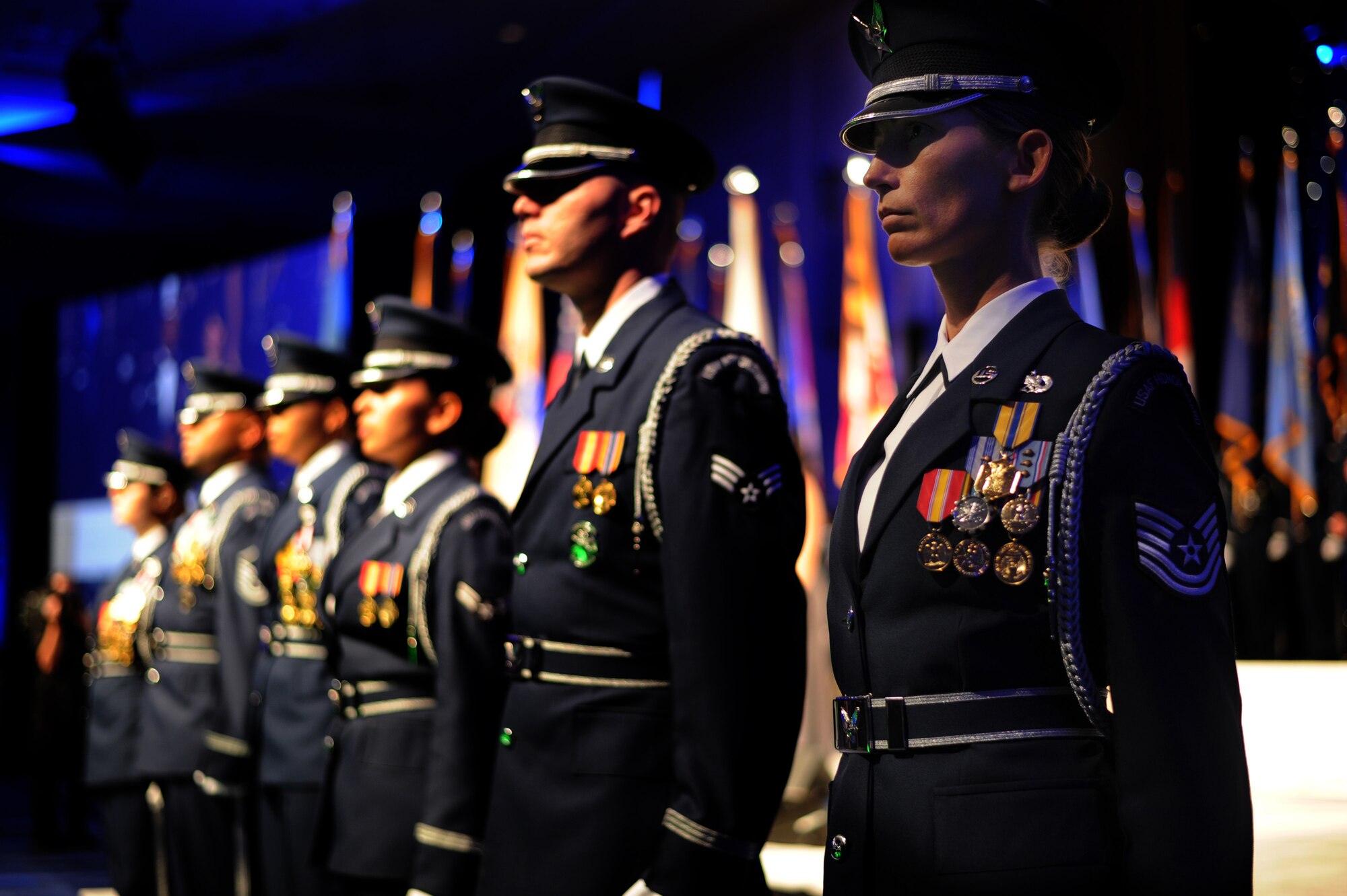The U.S. Air Force Honor Guard provides escort support of the 12 Outstanding Airmen of the Year during the 2012 Air Force Association’s Air and Space Conference and Technology Exposition in Washington, D.C., Sept. 17, 2012. The recipients were recognized for superior leadership, job performance, community involvement and personal achievements. (U.S. Air Force photo/Airman 1st Class Aaron Stout)