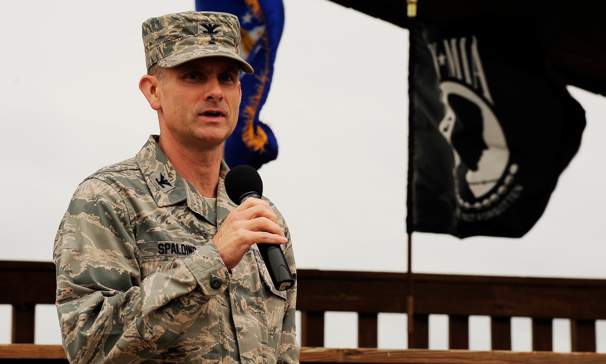 Col. Robert Spalding, 509th Bomb Wing vice commander, expresses how difficult the loss of a loved one is, and how important it is to not forget those who have sacrificed for the U.S., during the opening ceremony of the prisoner of war and missing-in-action run Sept. 13. (U.S. Air Force photo/Senior Airman Cody H. Ramirez)