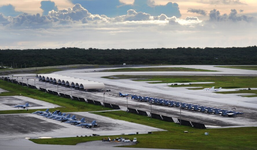 ANDERSEN AIR FORCE BASE, Guam - F-15's and other aircraft from Kadena Air
Base, Japan are parked on the flight line here, Sept. 17. The aircraft were
evacuated here from Kadena due to the typhoon threat in Okinawa, Japan and
inclement weather throughout the Asia-Pacific region. Historically, aircraft
from throughout the region have evacuated to Andersen in times of
threatening weather to ensure no damage occurs to the aircraft. (U.S. Air
Force photo by Senior Airman Carlin Leslie/Released)
