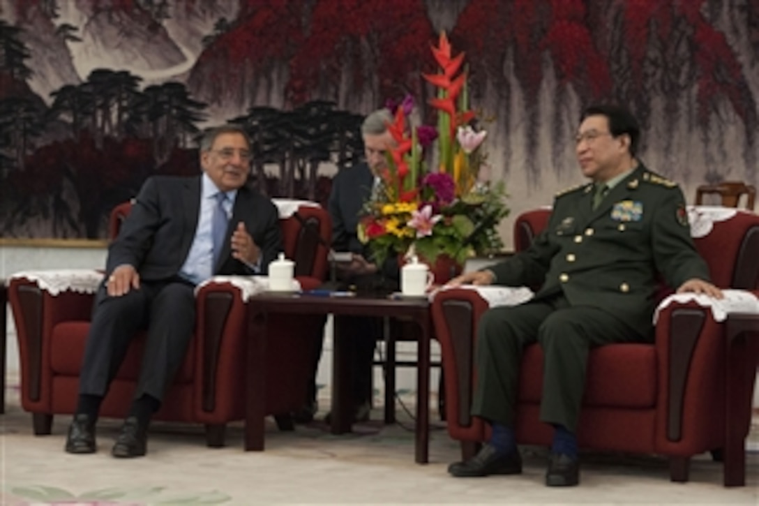Secretary of Defense Leon E. Panetta meets with Vice Chairman of the Central Military Commission Gen. Xu Caihou in Beijing, China, on Sept. 18, 2012.  Panetta is meeting with his Chinese counterparts to discuss regional security issues of interest to both nations.  Panetta visited Tokyo, Japan, before continuing to Beijing and will travel to Auckland, New Zealand, on a weeklong trip to the Pacific.  