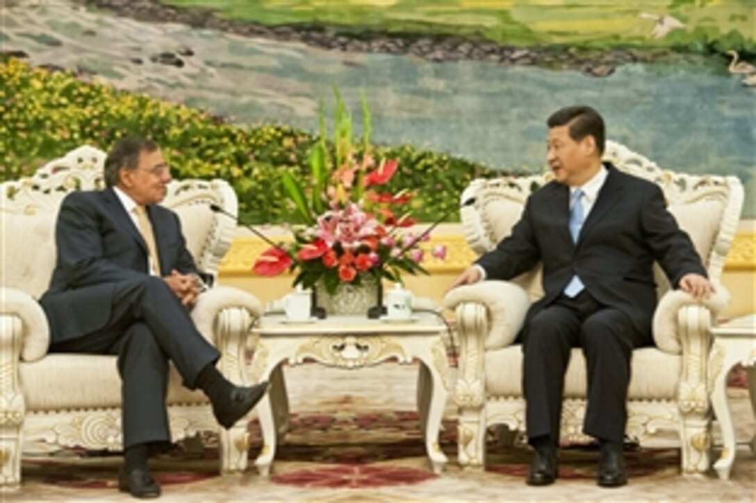 U.S. Defense Secretary Leon E. Panetta meets with Chinese Vice President Xi Jinping before a meeting in Beijing, Sept. 19, 2012. Panetta visited Tokyo before Beijing, and will travel to Auckland, New Zealand, during a weeklong trip to the Asia-Pacific region.